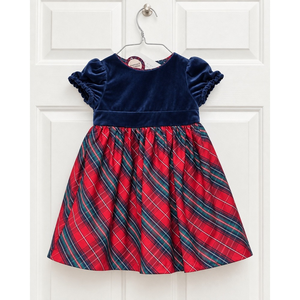 Max Studio Kids Navy Velvet Red Plaid Holiday Dress Girls 3T Christmas Party